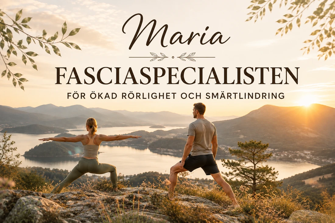 Maria Fasciaspecialisten – för ökad rörlighet och smärtlindring. Två personer tränar rörlighet på ett berg vid solnedgång.